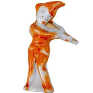 Mid Century Japan Porcelain Violinist Figurine Orange White Hand Painted Decor